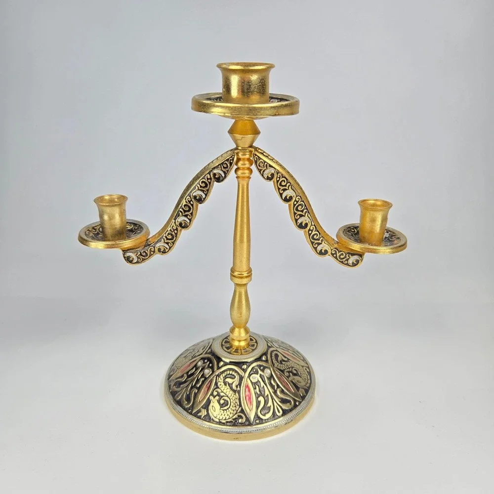 Vintage 10K Gold Gilded‎ 2-Arm Candelabra Russian Indian European Ornate  5.25